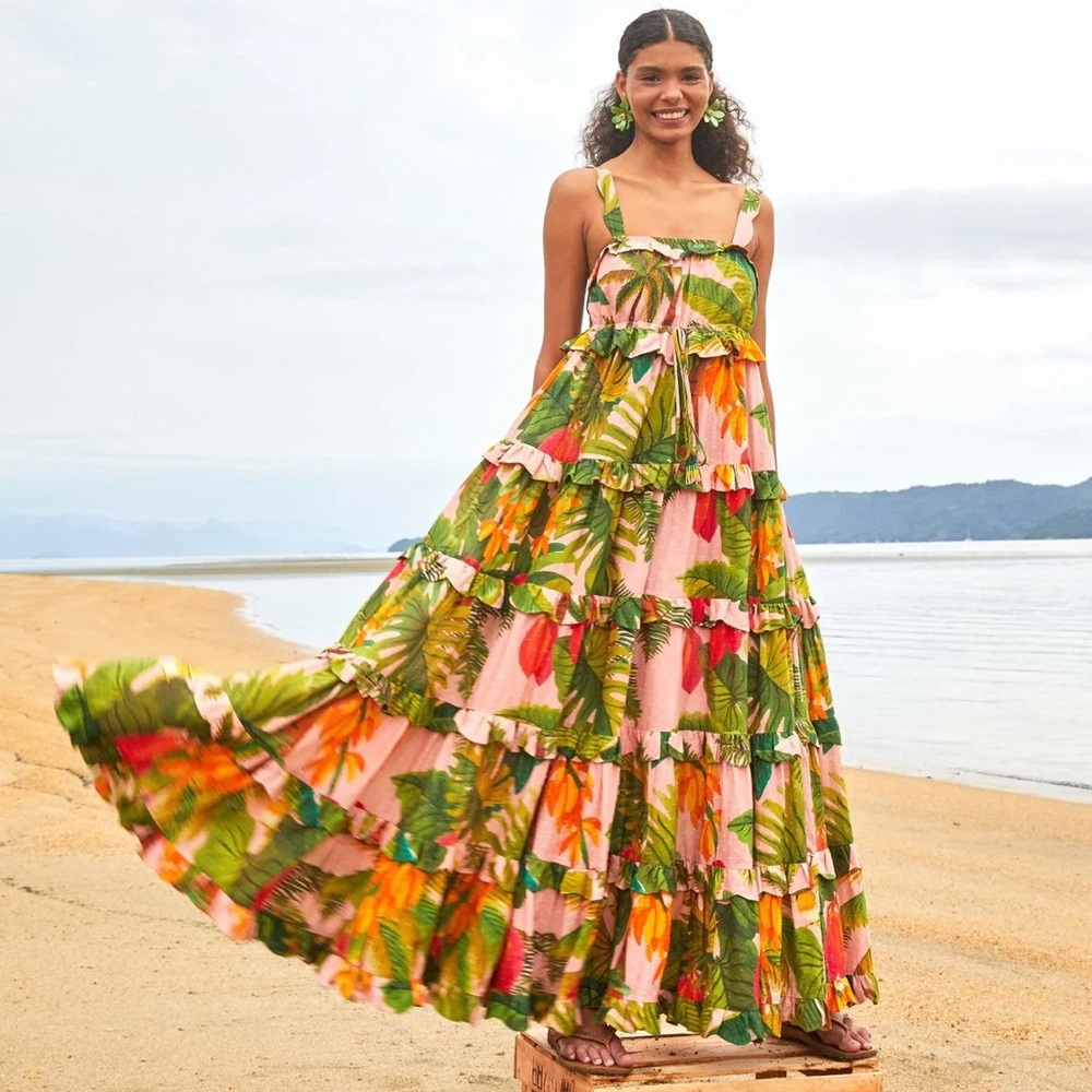 Farm Rio Cocoa Forest tropical botanical pink maxi dress 🌸 tiered skirt